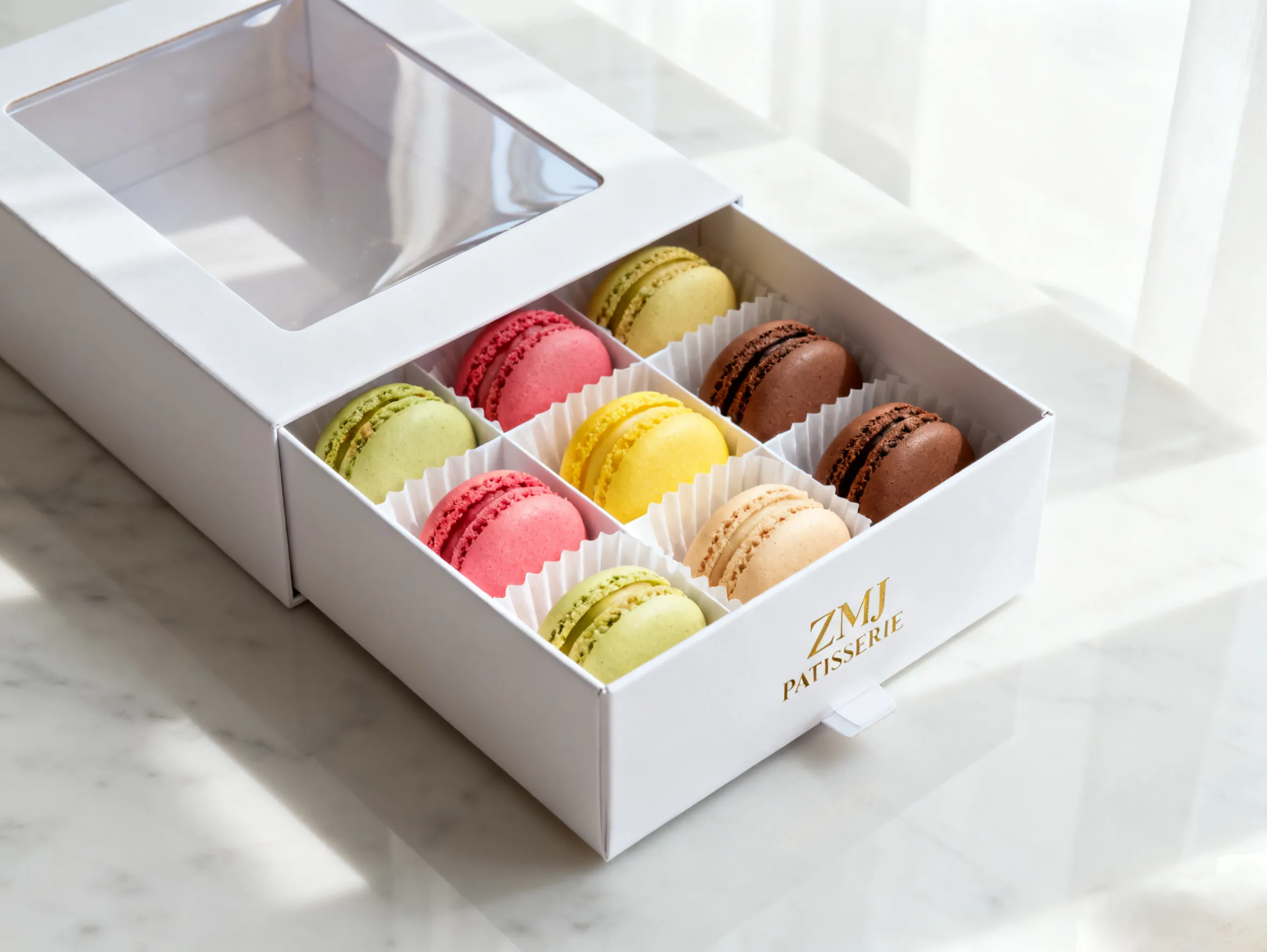 Printed Macaron Packaging Boxes with Divider and Window